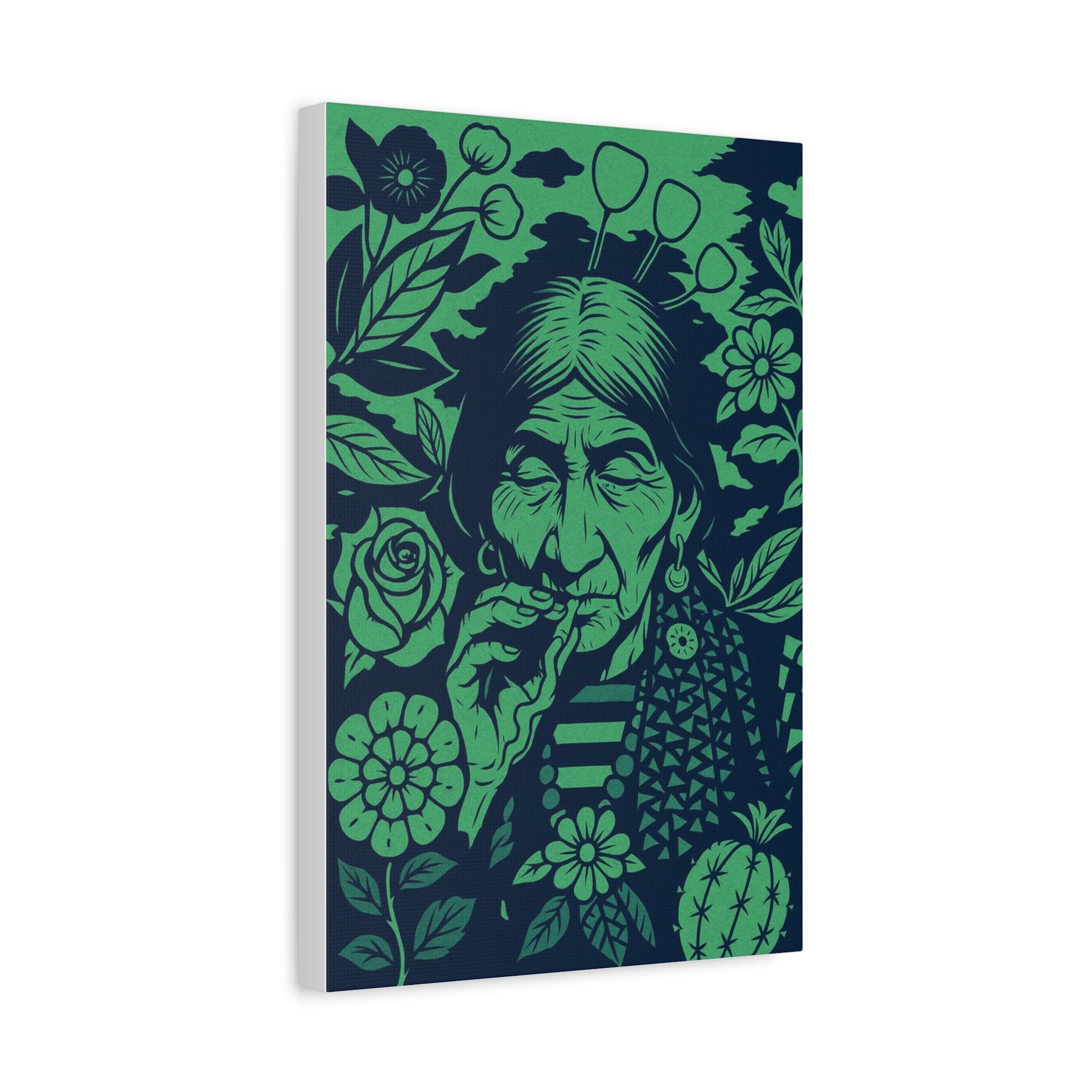 Vintage Smoking Woman Art Canvas — Green Floral Stretched Wall Art