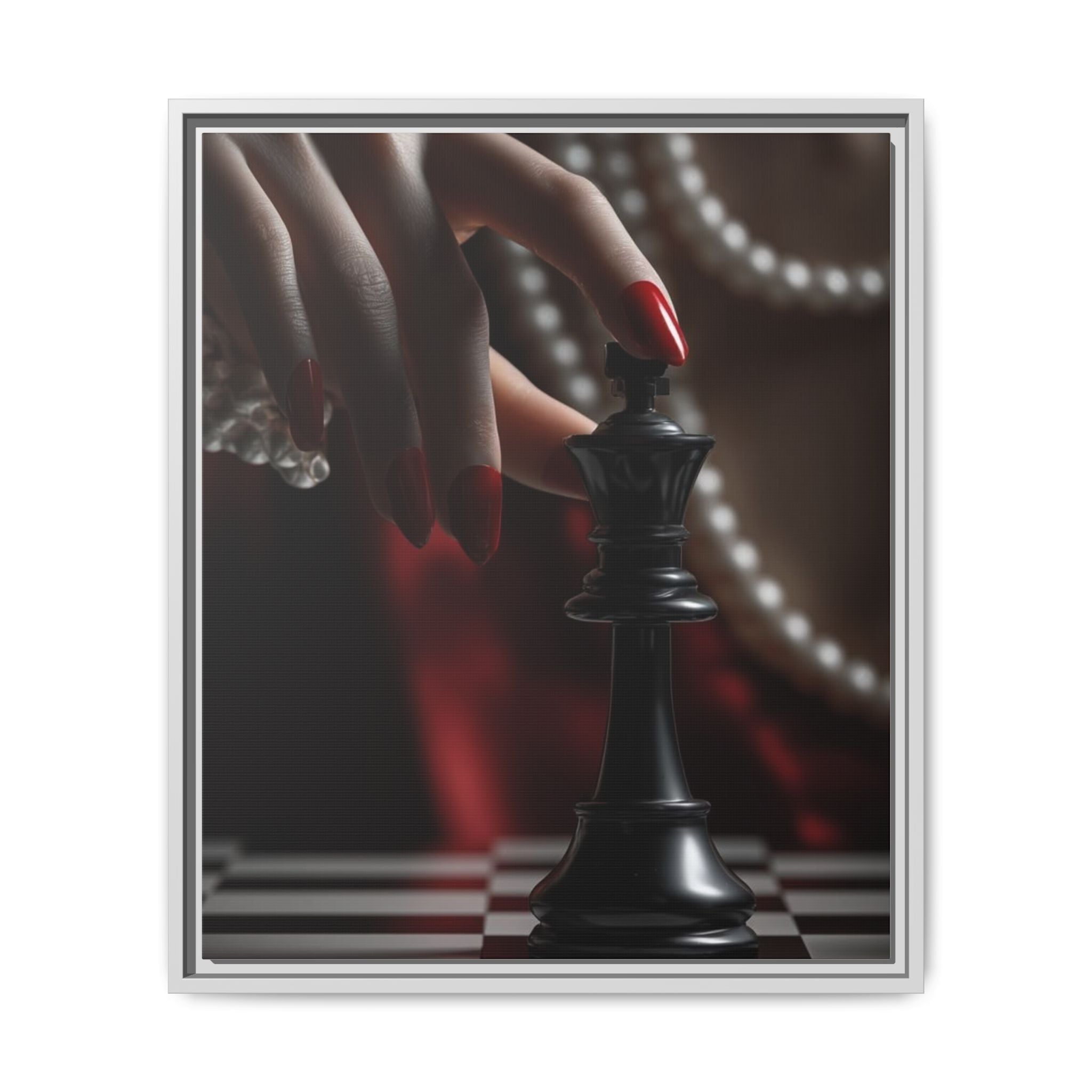 Framed Matte Canvas Art — Femme Hand & Chess King (Pearls, Noir Glam)