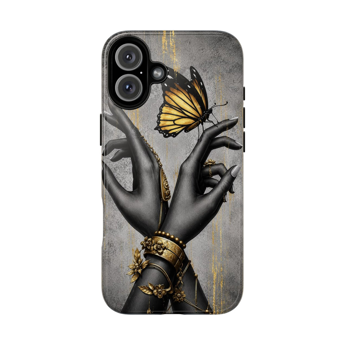 Artistic Black Hands & Golden Butterfly Phone Case – Protective Tough Case