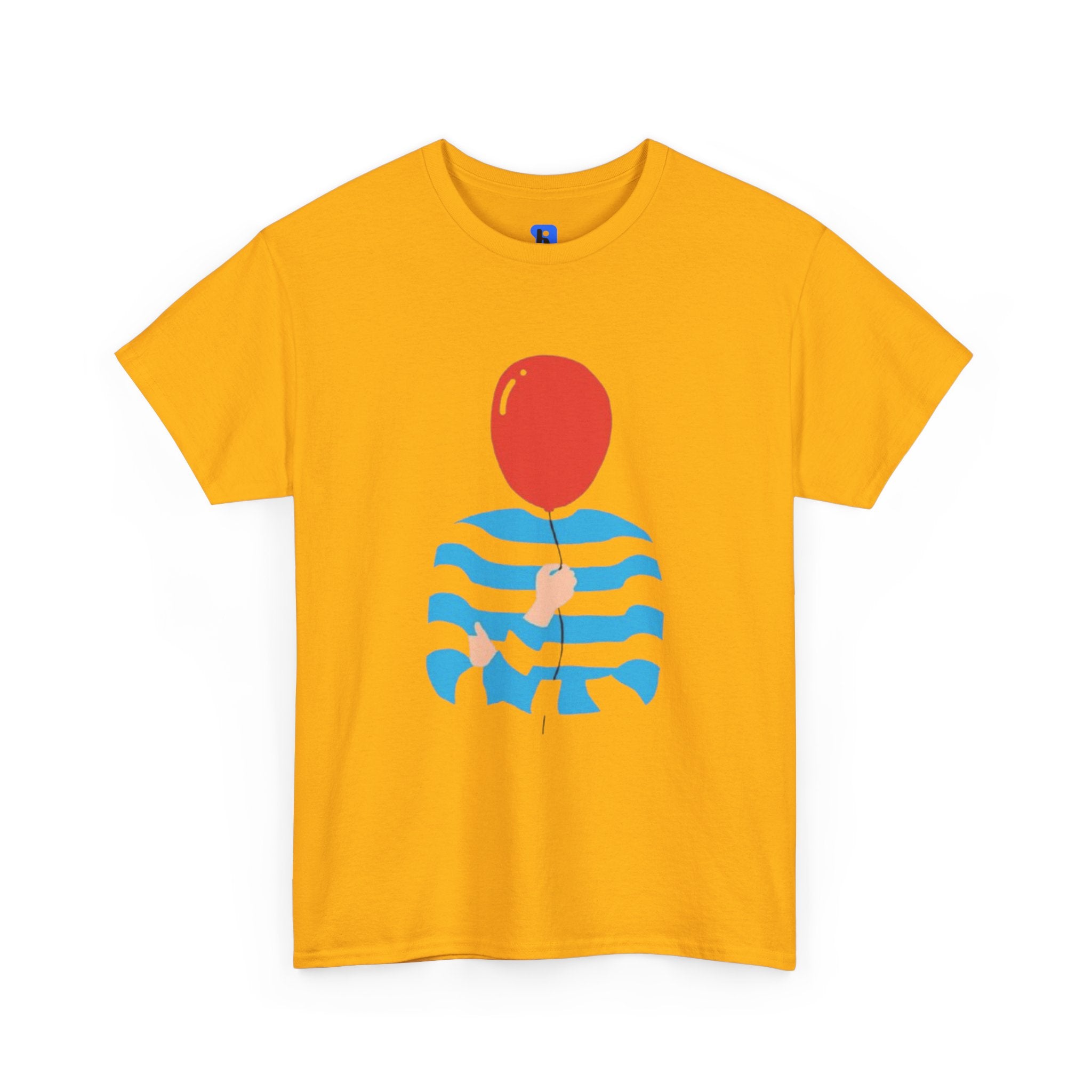 Striped Sweater Balloon Tee — Minimalist Red Balloon Graphic T-Shirt