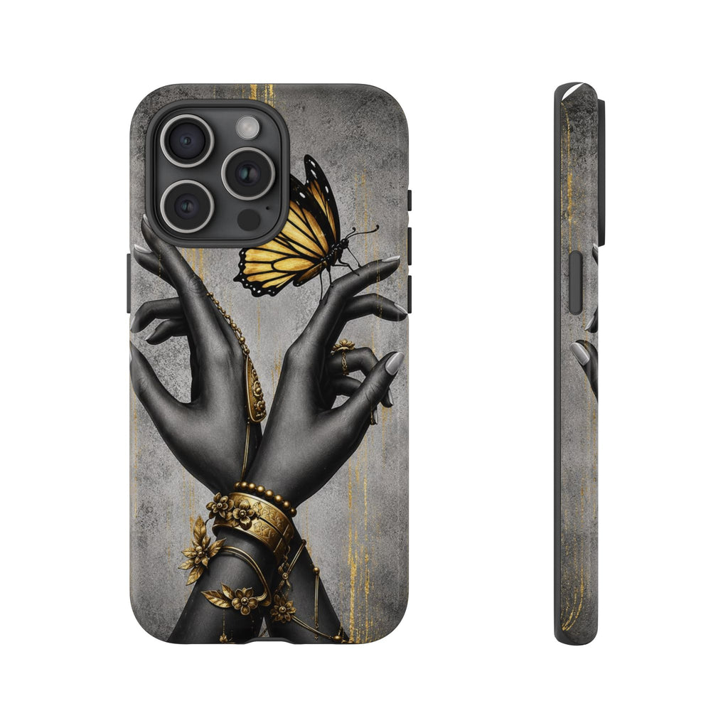 Artistic Black Hands & Golden Butterfly Phone Case – Protective Tough Case