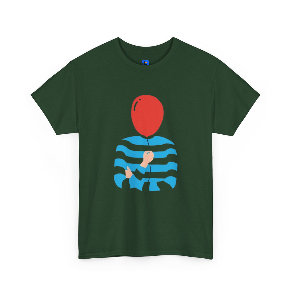 Striped Sweater Balloon Tee — Minimalist Red Balloon Graphic T-Shirt