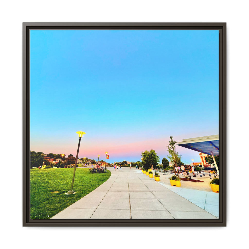 Sunset Promenade Matte Framed Canvas — Pastel Sky Walkway Wall Art