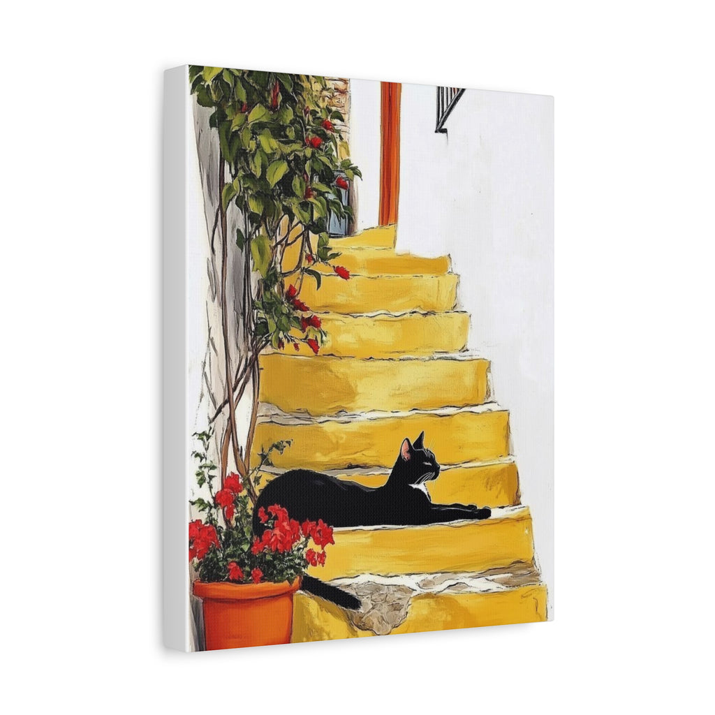 Black Cat on Yellow Steps Canvas Art Print, Whimsical Home Decor, Gift for Cat Lovers, Wall Art, Cozy Vibe, Pet Memorable Art
