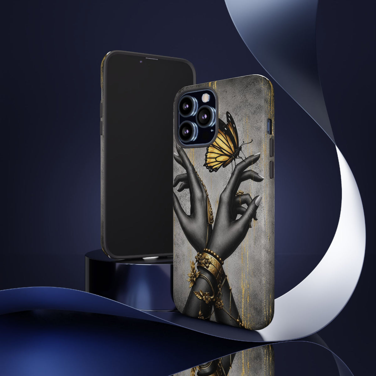 Artistic Black Hands & Golden Butterfly Phone Case – Protective Tough Case