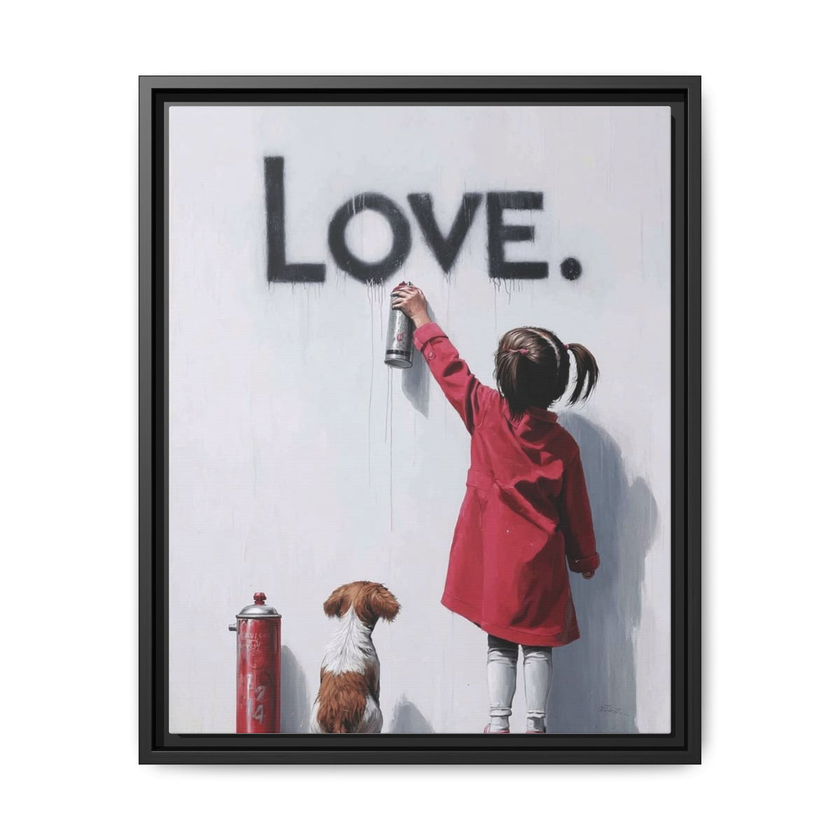 'LOVE.' Girl Spray-Painting with Dog- Framed Canvas Art