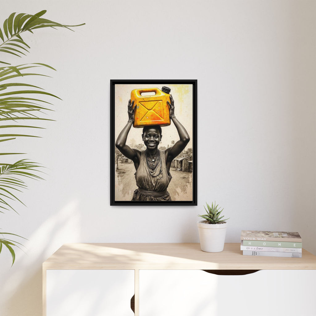 Framed Canvas Art - Joyful Woman Carrying Yellow Water Jerrycan