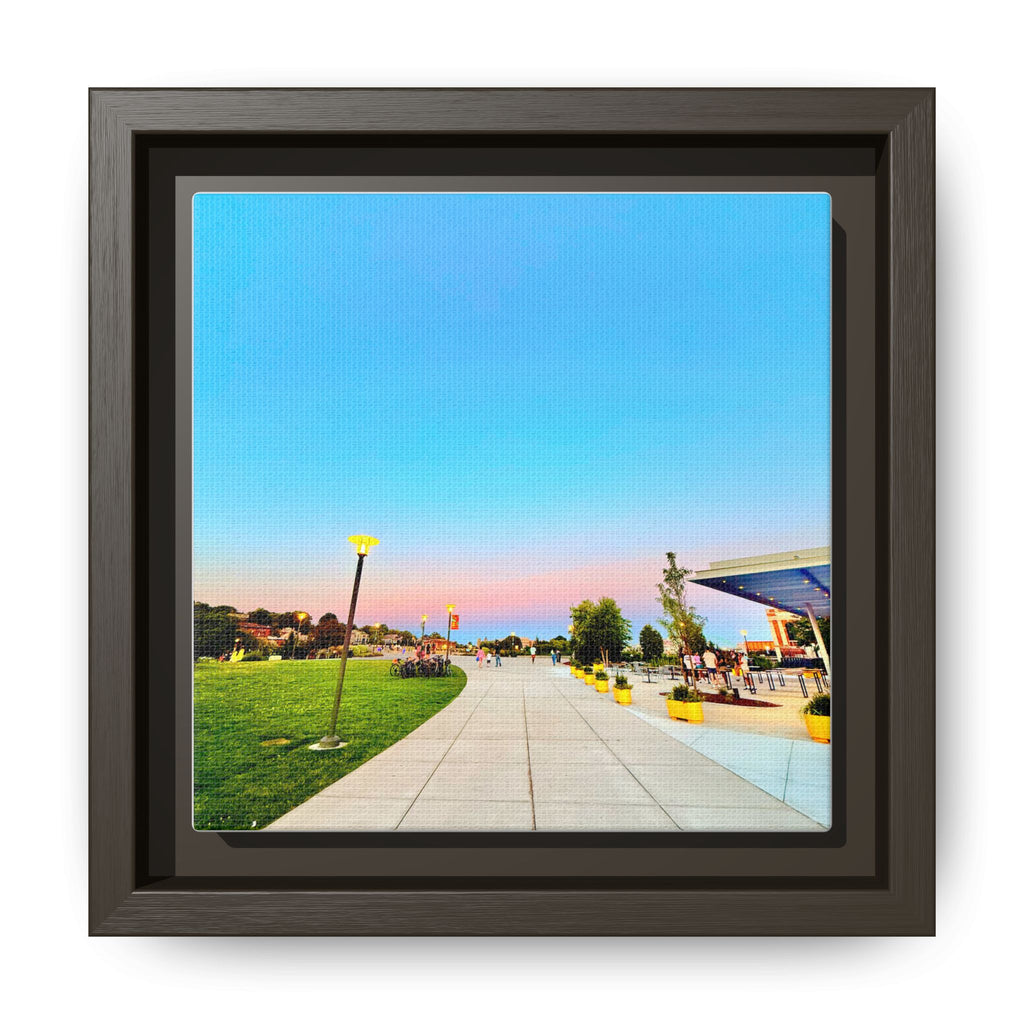 Sunset Promenade Matte Framed Canvas — Pastel Sky Walkway Wall Art