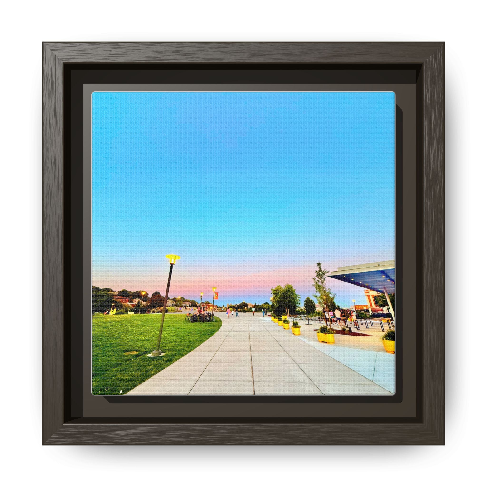 Sunset Promenade Matte Framed Canvas — Pastel Sky Walkway Wall Art