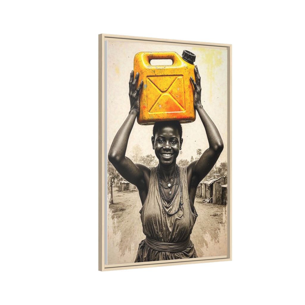 Framed Canvas Art - Joyful Woman Carrying Yellow Water Jerrycan
