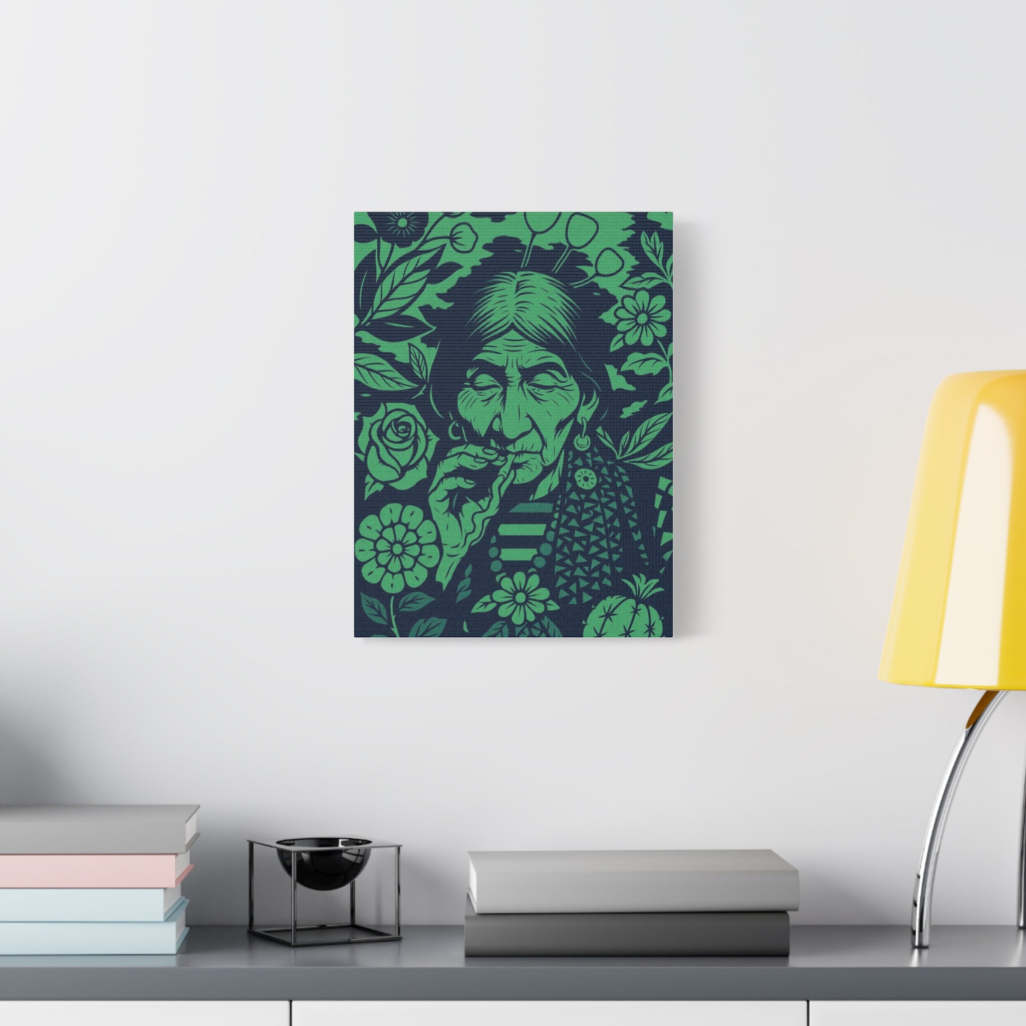 Vintage Smoking Woman Art Canvas — Green Floral Stretched Wall Art