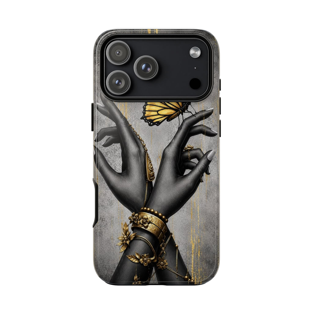 Artistic Black Hands & Golden Butterfly Phone Case – Protective Tough Case