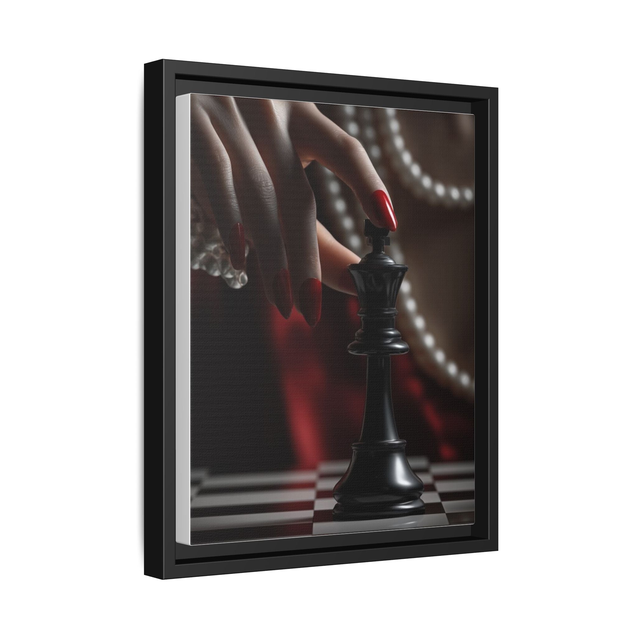 Framed Matte Canvas Art — Femme Hand & Chess King (Pearls, Noir Glam)