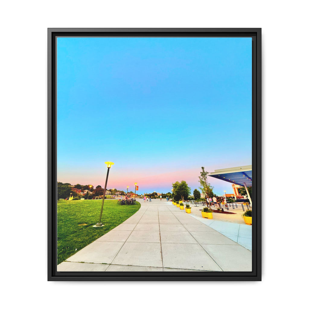 Sunset Promenade Matte Framed Canvas — Pastel Sky Walkway Wall Art