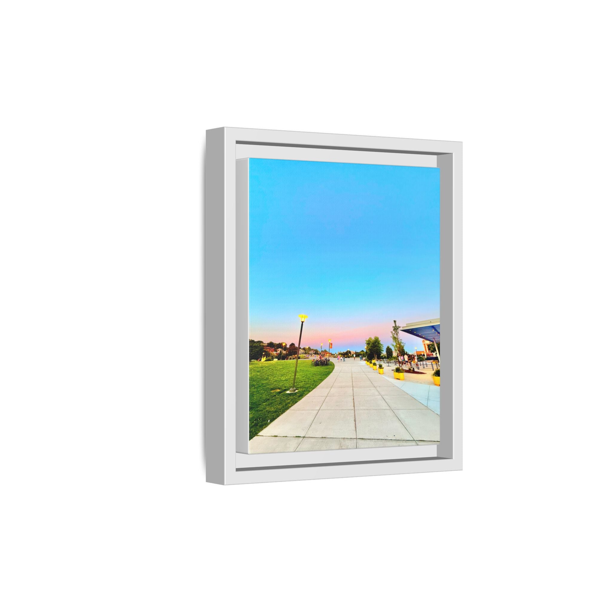 Sunset Promenade Matte Framed Canvas — Pastel Sky Walkway Wall Art