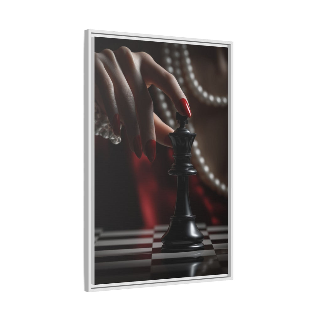 Framed Matte Canvas Art — Femme Hand & Chess King (Pearls, Noir Glam)