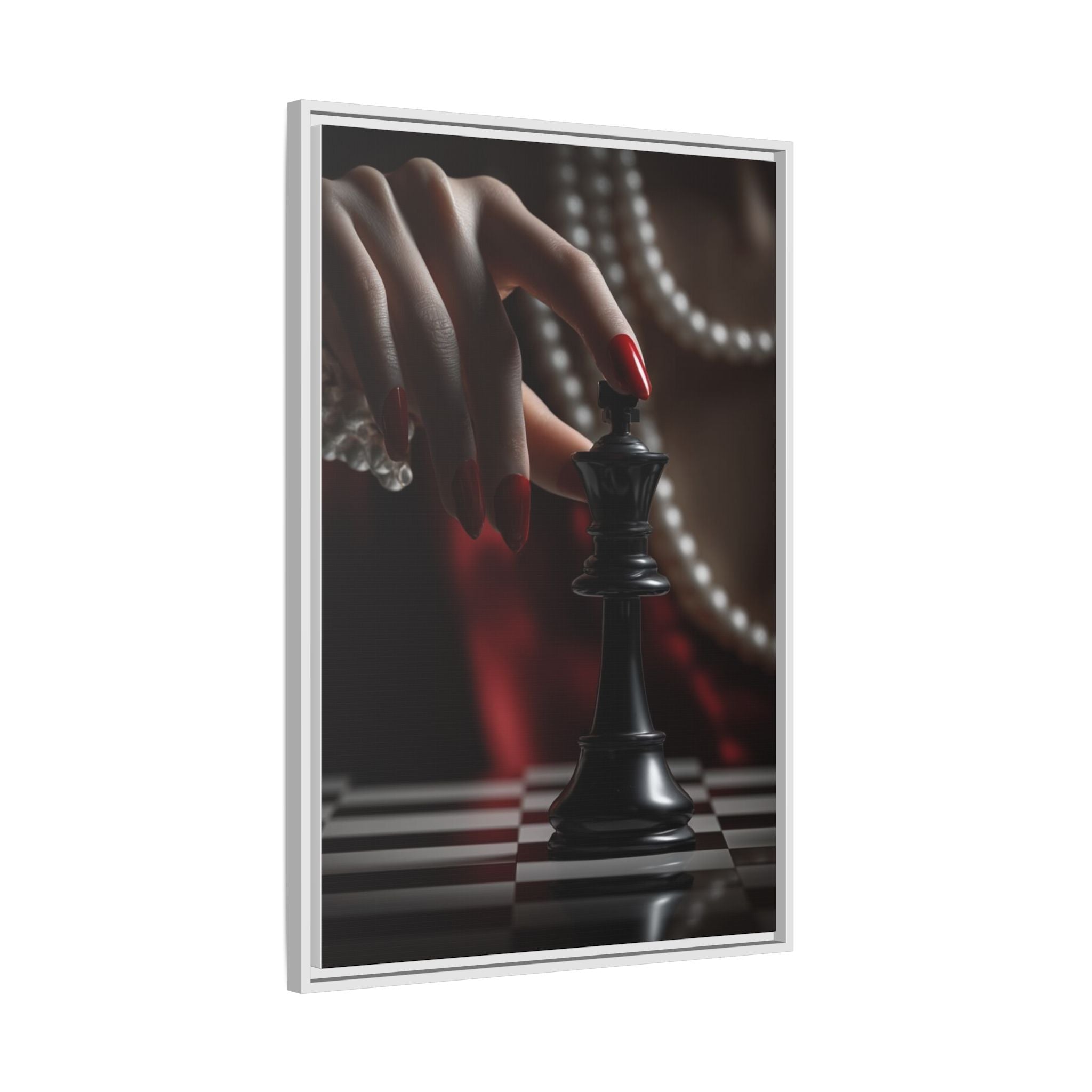 Framed Matte Canvas Art — Femme Hand & Chess King (Pearls, Noir Glam)